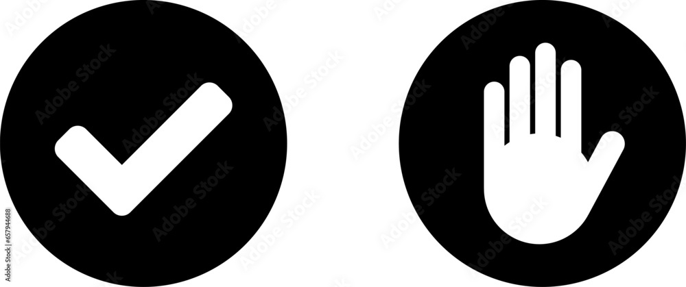 Yes No or OK Stop Black and White Round Circle Badge Icon Set with Tick Checkmark and Hand Adblocker Sign. Vector Image. Yes No or OK Stop Black and White Round Circle Badge Icon Set with Tick Checkmark and Hand Adblocker Sign. Vector Image.