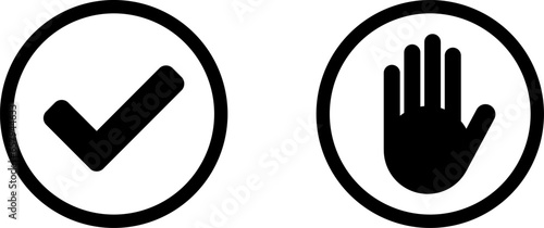 Yes No or OK Stop Black and White Round Circle Badge Icon Set with Tick Checkmark and Hand Adblocker Sign. Vector Image.