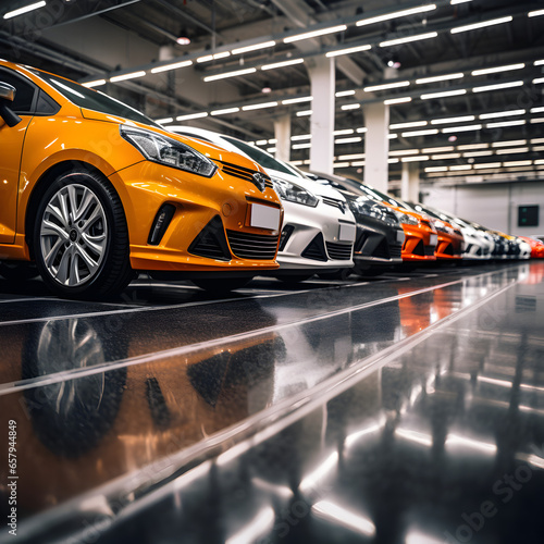 Cars in an indoor auto dealership. Generative ai.  © PixelHD