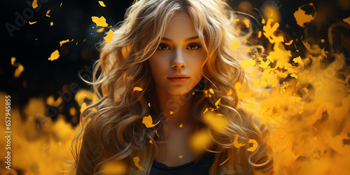 Wunderschönes Gesicht einer Frau mit goldenen abstrakten Effekten umhüllt für Kosmetik und einzigartiger Visagistik Poster Nahaufnahme im Querformat für Banner, ai generativ