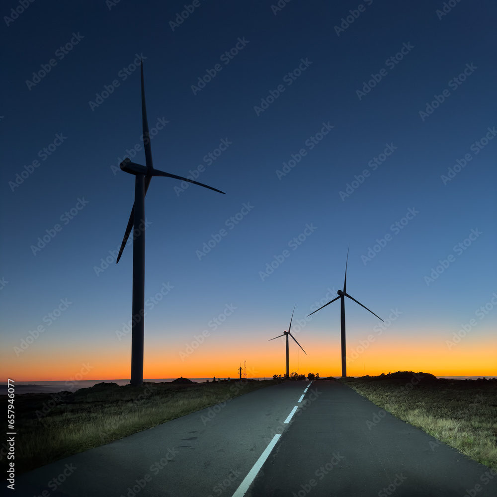 Wind turbines during sunset