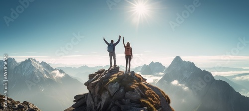 Couple raised their hands celebrate for success hiking at top of a mountain. Generative AI technology. photo