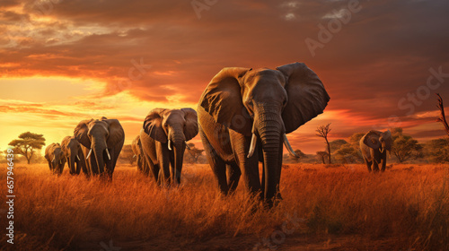 Majestic Elephant Herd Walking in the Savanna Wildlife Safari and Natures Beauty Concept © Graphics.Parasite