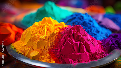 Colorful powder paints in bowls for Indian Holy festival, Colorful powder in bowls. Holi festival background. Generated with AI Tool photo