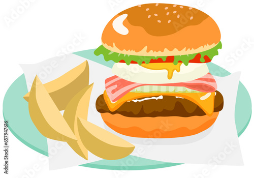 ブルーの皿に盛ったベーコンエッグバーガーとフライドポテト