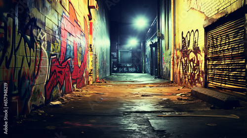 A dark alley with graffiti all over the walls