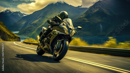 A motorbike zooms up a curvy road with a mountain vista and a blur of speed