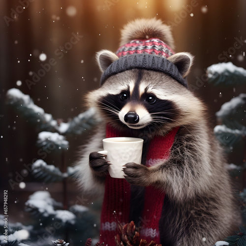 A Racoon in the snow wearing a beanie and drinking a hot drink. A winter wildlife concept. Generative ai.  © PixelHD