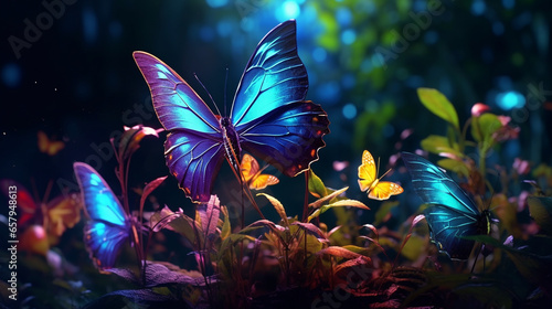 Photorealistic glowing psychedelic butterfly, generative cinematic color 3d grading ai
