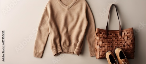 Women s casual day outfit with brown checked pants oversized beige knitted sweater crossbody bag black loafers and a grey background all seen from an overhead view in a flat lay photo
