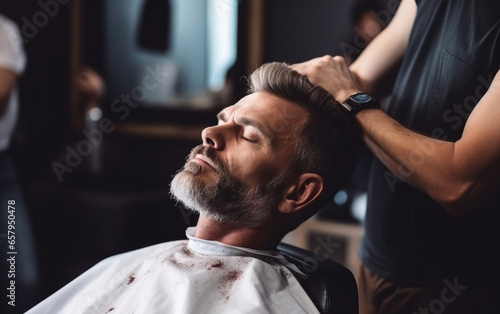 A man getting a haircut in a barber shop. Generative AI