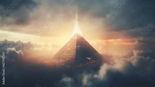 pyramid with smoking lights on the sides warm sci-fi viewed from above 3d generative ai