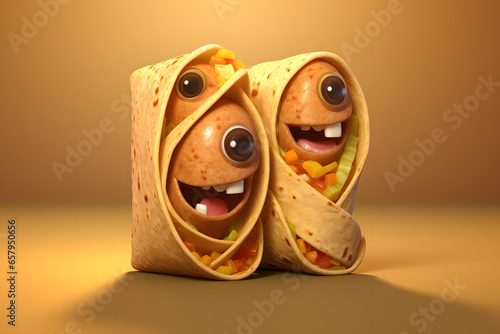 Burritos with cute facial expression 3d rendering style