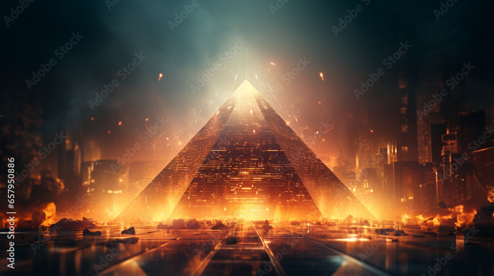 pyramid with smoking lights on the sides,warm sci-fi viewed from above 3d generative ai - obrazy, fototapety, plakaty 