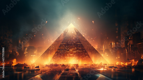 pyramid with smoking lights on the sides,warm sci-fi viewed from above 3d generative ai photo