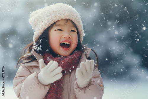 雪が降るクリスマスに楽しそうに雪遊びをして笑っている日本人の少女