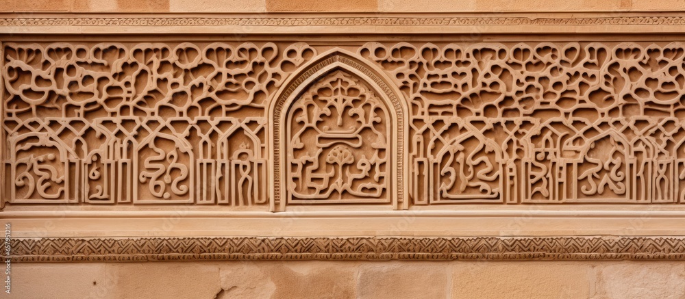 600 year old Arabic characters on a wall at Alhambra UNESCO site in Granada Spain