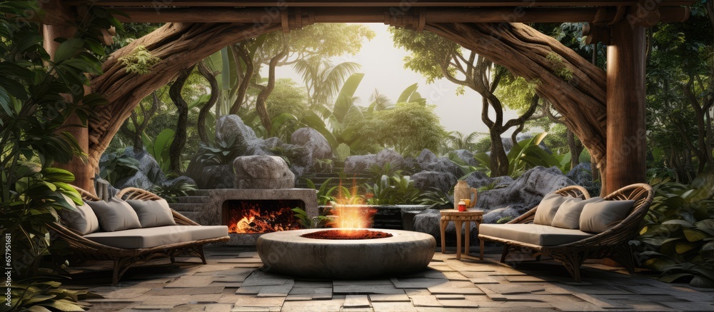 Lush garden with zen decor torii arch fire pit outdoor seating stone beds and various foliage - obrazy, fototapety, plakaty 