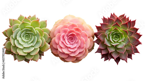 three different succulents / echeveria plants without pots isolated over a transparent background, natural interior or garden design elements, top view / flat lay, PNG photo