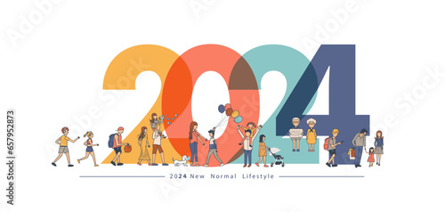 2024 New year with New normal lifestyle ideas concept. People in flat big letters design. Vector illustration modern layout template