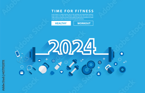 2024 new year fitness concept workout typography alphabet design with equipment. Vector illustration flat modern layout template