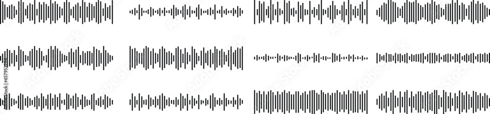 set of Music player sound bar. Audio speech spectrum noise collection. Sound waves of voice. Record interface. Equalizer icons with soundwave line isolated on transparent background. set of Music player sound bar. Audio speech spectrum noise collection. Sound waves of voice. Record interface. Equalizer icons with soundwave line isolated on transparent background.