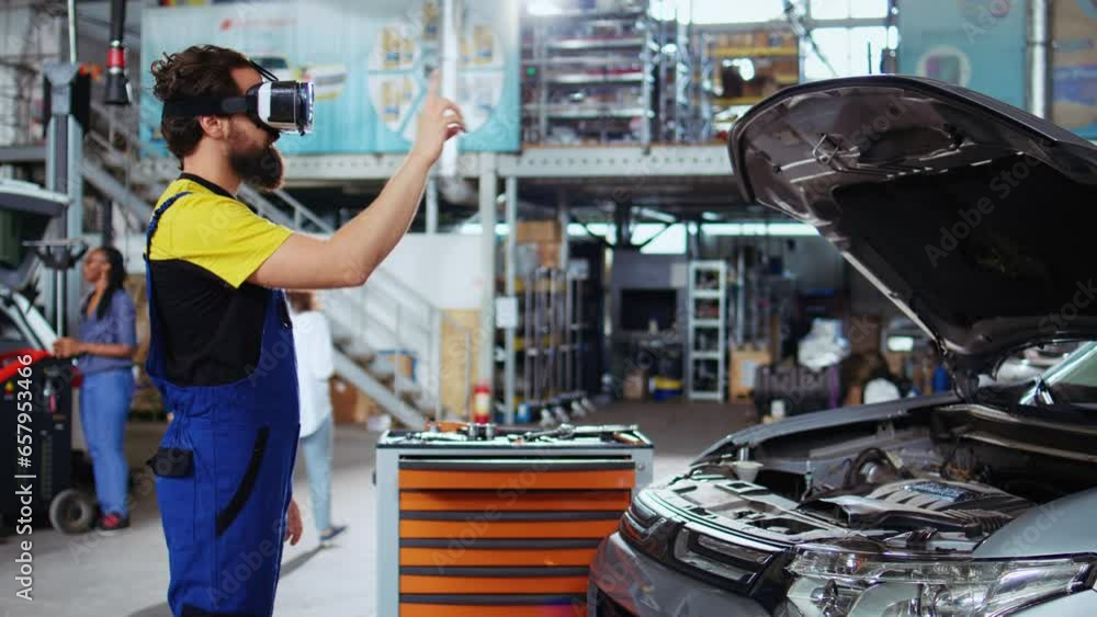 Trained technician in auto repair shop using virtual reality goggles to visualize car components in order to fix them. Man wearing modern vr headset while working on busted vehicle Trained technician in auto repair shop using virtual reality goggles to visualize car components in order to fix them. Man wearing modern vr headset while working on busted vehicle