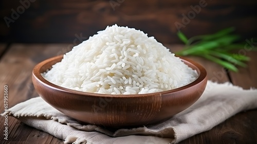 Asian white rice or uncooked white rice with the rice field back ai generate photo
