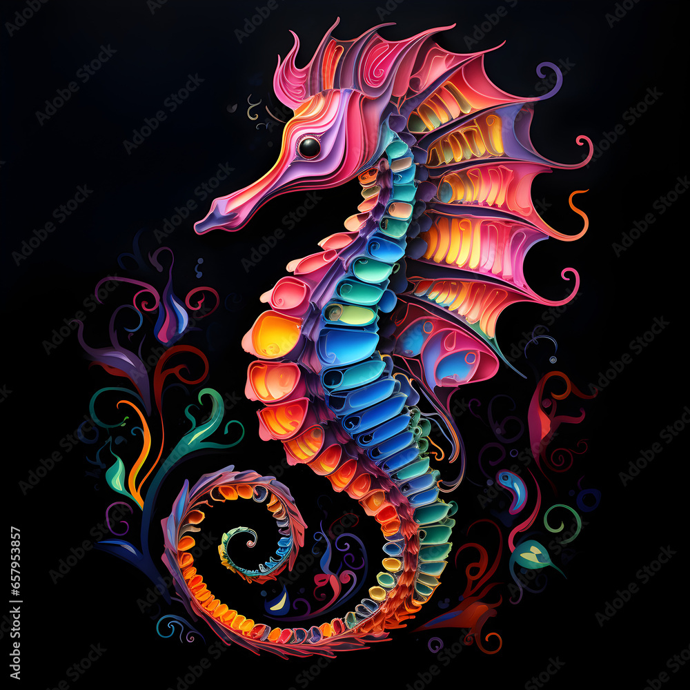 A colorful Seahorse with a black background. An artistic look at sea animals. Generative ai. 