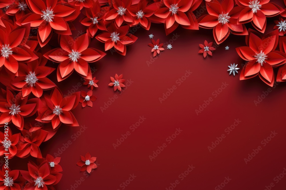 Red background with flowers and snowflakes