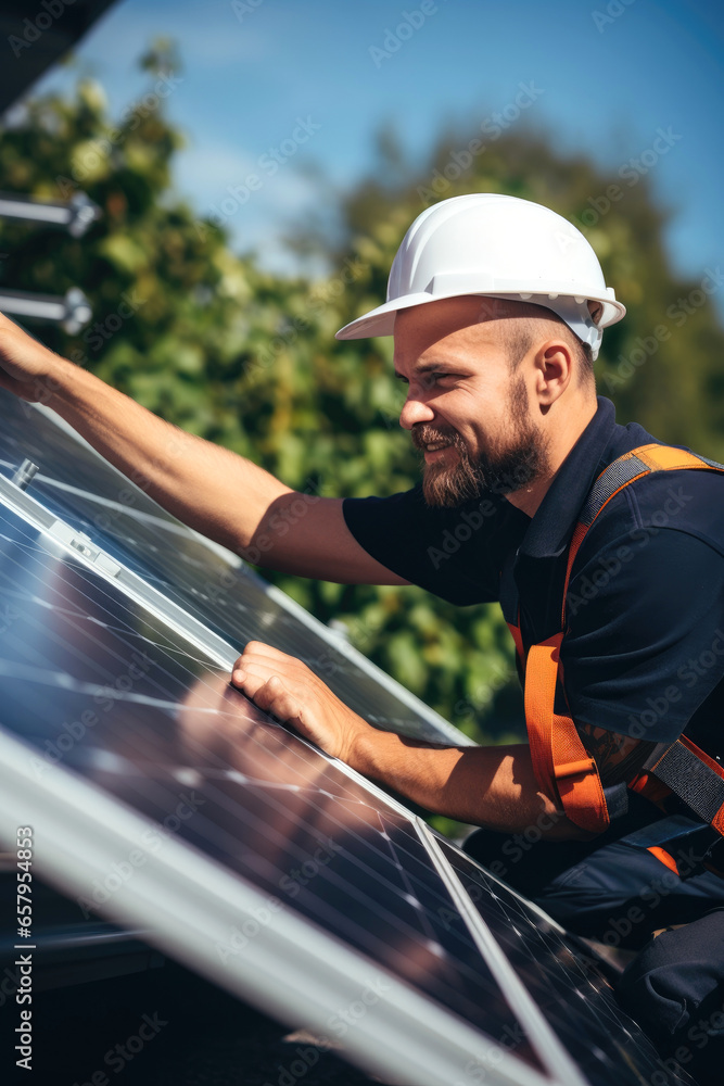Male technician securing solar system installation structure outdoors. Generative AI Male technician securing solar system installation structure outdoors. Generative AI