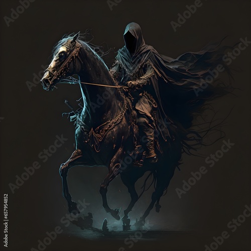 powerful being character dark and terrifying figure ghostly figure dressed in black robes with hood covering its face riding fearsome black horse carrying long curved sword terror despair horse 