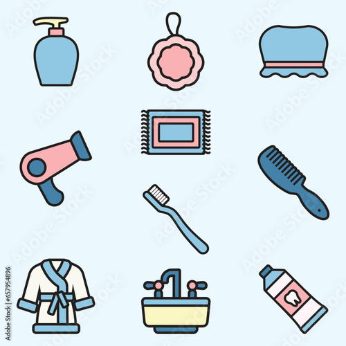 Set of Bath Room Cute Flat Line Illustration