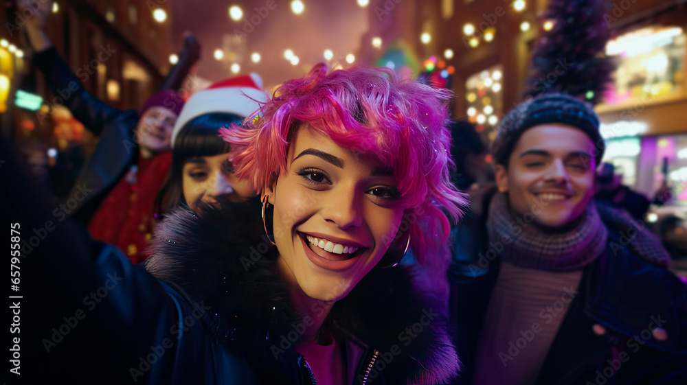 Happy young woman taking a selfie, celebrating outdoors at Christmas or New Year's Eve. Generative AI.