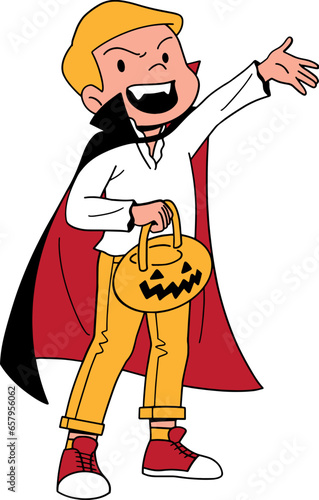 Boy wearing vampire halloween costume for trik or treat cartoon illustration