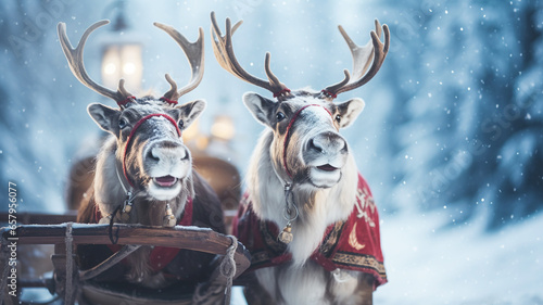 Christmas Reindeer with their sleigh on a snowy night © Tierney