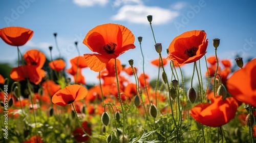 Blossoming red poppies swaying in an open field