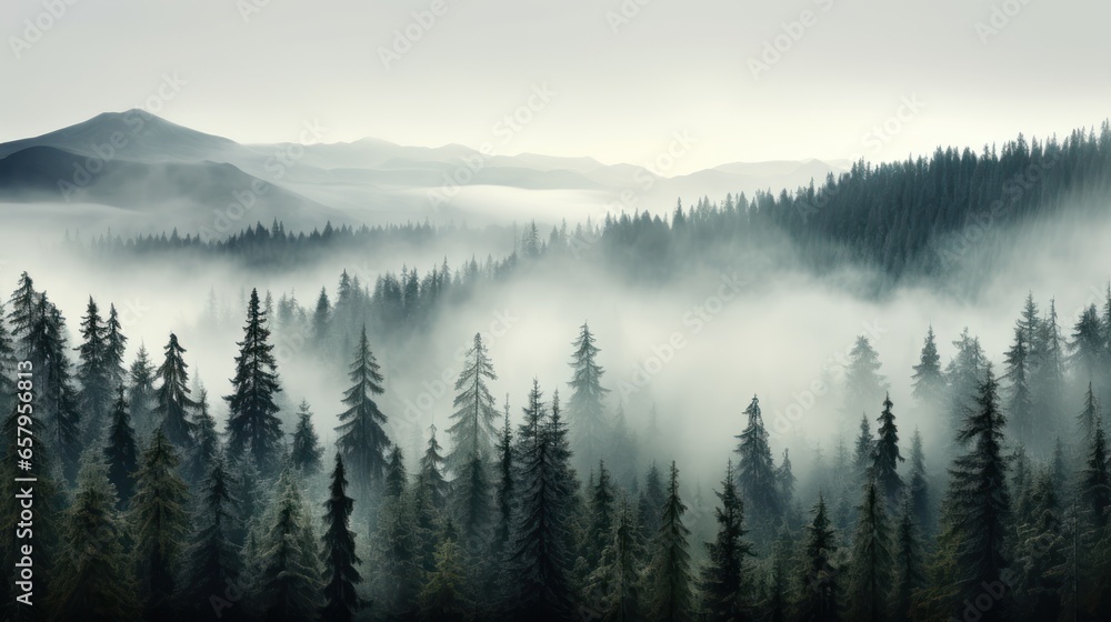 Misty mountain landscape. Fir trees foregrounding a fog-shrouded forest - obrazy, fototapety, plakaty 