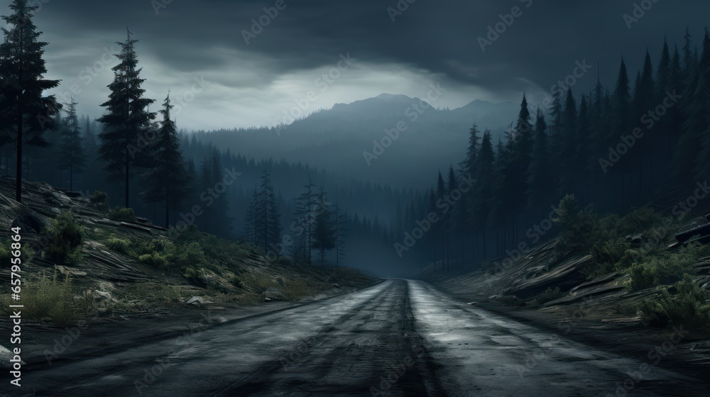 Desolate mountain road skirting a dense forest under a cloudy dusk Desolate mountain road skirting a dense forest under a cloudy dusk