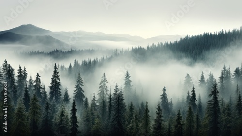 Misty mountain landscape. Fir trees foregrounding a fog-shrouded forest