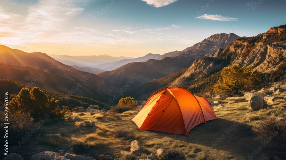 Mountain campsite with a prominent tent