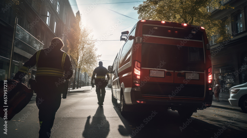 Paramedic swiftly moving a patient towards an ambulance - obrazy, fototapety, plakaty 
