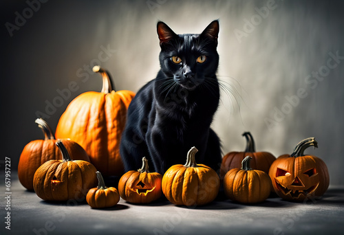 Halloween illustration with a black cat and pumpkins © IndianSummer