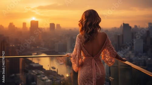 Fotografia Elegant woman relishing the sunset from a high-rise balcony