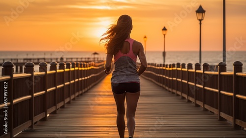 Fitness enthusiast woman jogging on a seaside boardwalk at dawn photo