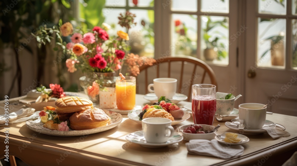Breakfast table set invitingly for a morning feast Breakfast table set invitingly for a morning feast