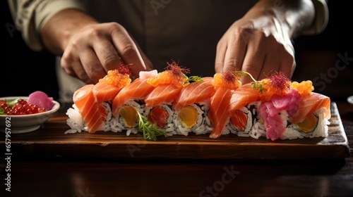 Chef hands meticulously presenting sushi