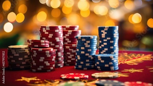 Poker chips stacked with a shimmering casino backdrop