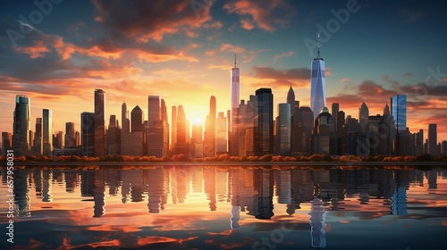 A cityscape illuminated by the warm hues of a setting sun, inviting text to discuss the unique beauty of urban sunsets, background image, generative AI