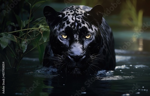 Black jaguar in the waters of a river brook, in the forest, created with AI